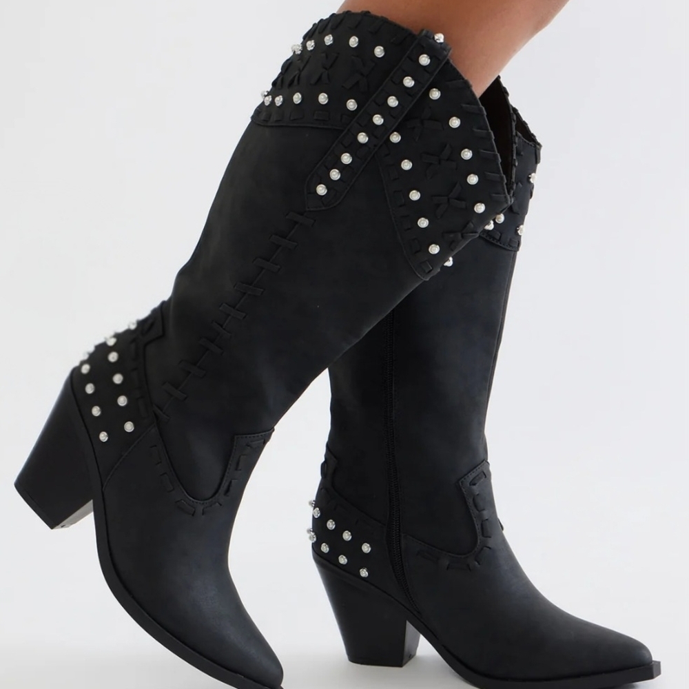 Black Studded pearls Western Knee-High Boots women's size 7.5